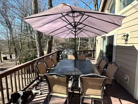 Deck dining table with umbrella and seating for ten, a grill nearby and bare trees under a blue sky