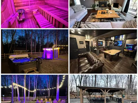 Collage of chalet highlights: LED-lit cedar sauna, stone fireplace living room, hot tub, pool table lounge, fire pit and gazebo