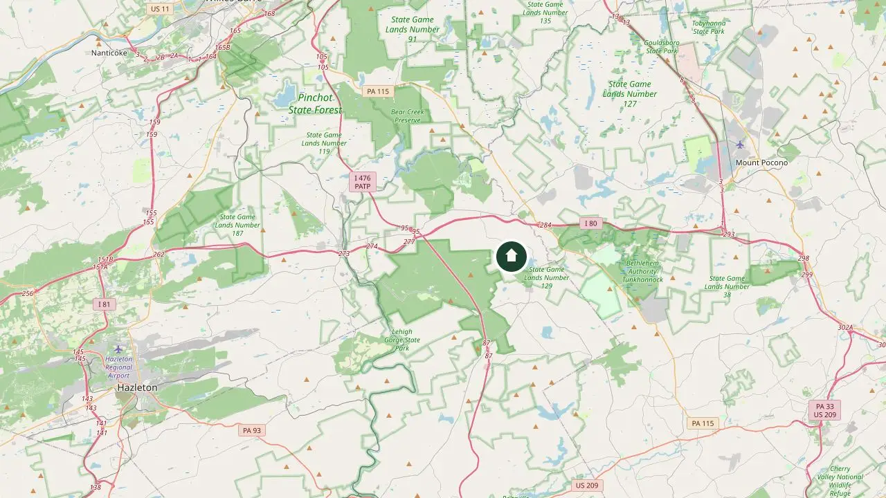 Map of the Lake Harmony area showing the chalet's location between Big Boulder and Jack Frost, near Hickory Run State Park